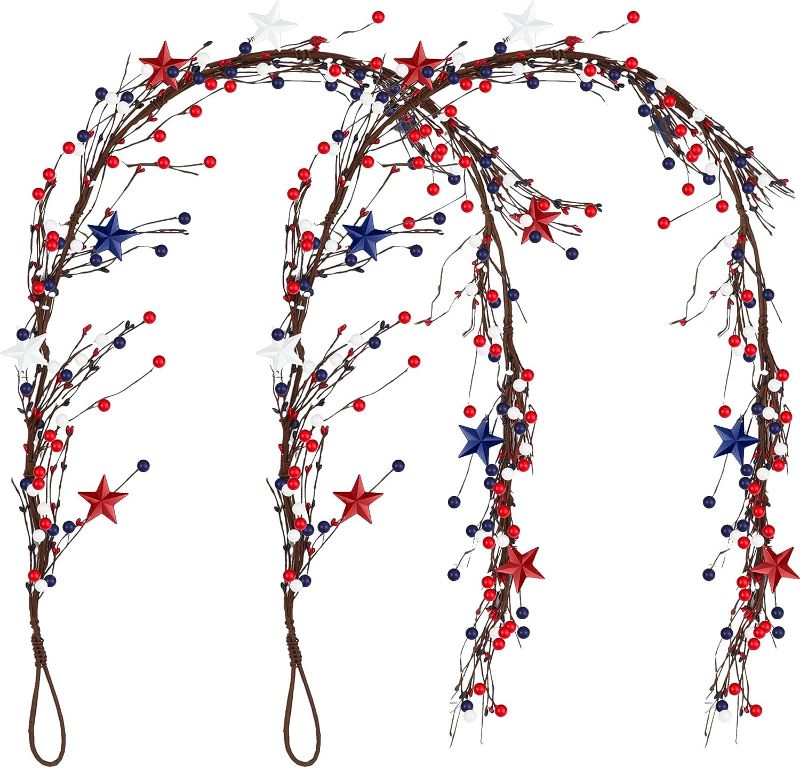 Photo 1 of 2 Pack 6 ft Berry Garland Patriotic Artificial Berry Wreath Americana White Blue Red Stars Berry Garland Home Decorations Outdoor Wreath for Tree Home Table Window Stair
