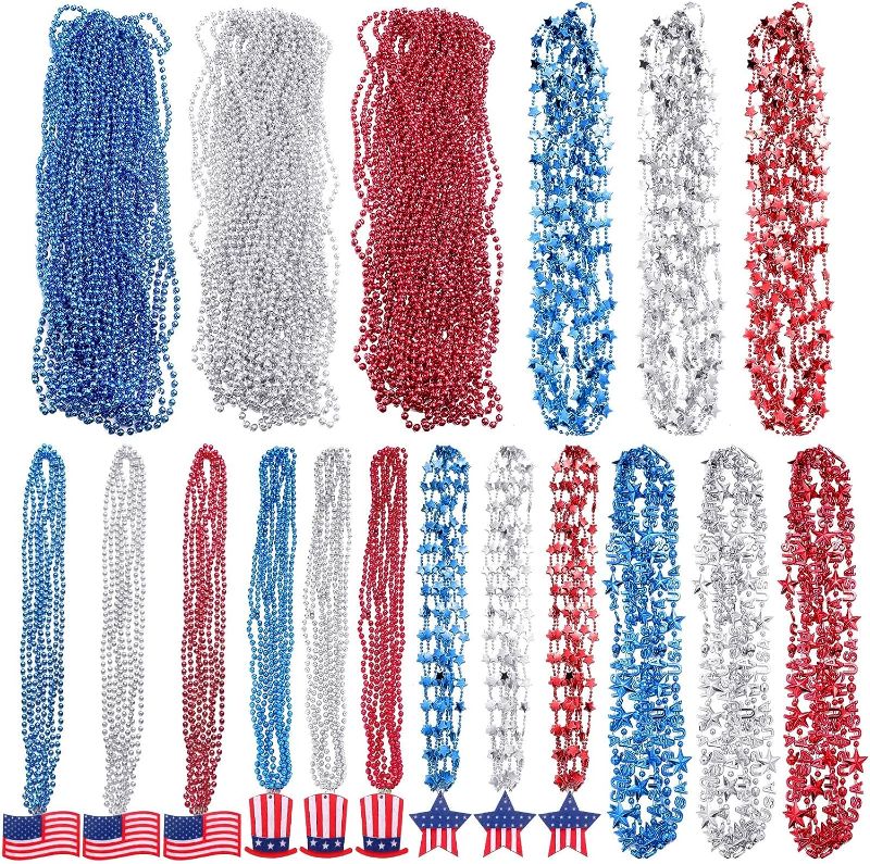 Photo 1 of 204 Pieces 4th of July Necklaces Bulk Patriotic Beads Necklaces Red White Blue Mardi Gras Beads USA Star Flag Bead Necklace with Pendants for Independence Day Memorial Day Party Parade Decorations
