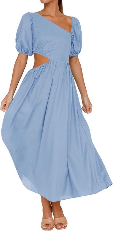 Photo 1 of BTFBM Women Casual Short Sleeve Spring Summer Dresses Asymmetrical Neck High Waist Cutout Swing Beach Party Long Maxi Dress Medium 
