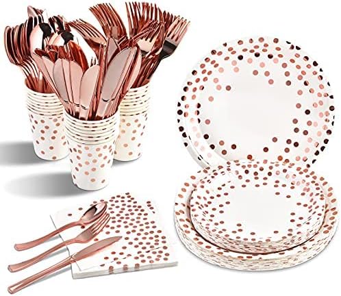 Photo 1 of 175 PCS Rose Gold Party Supplies Disposable Dinnerware Set White Paper Plates Napkins Cups Rose Gold Forks Knives Spoons for Graduation Birthday Wedding Bridal Baby Shower Engagement Christmas
