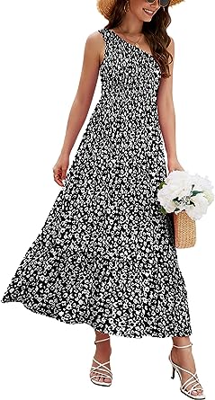 Photo 1 of Camdoria Women's One Shoulder Sleeveless Casual Summer Dress Smocked Ruffle Flowy Floral Boho Beach Long Midi Dresses XL
