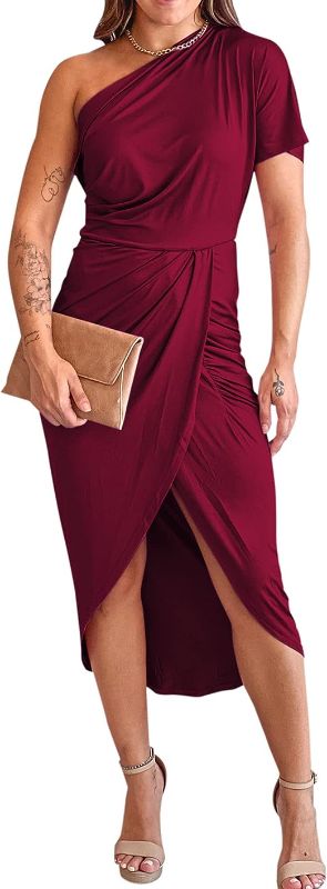 Photo 1 of BTFBM Women One Shoulder Short Sleeve Ruched Casual Dresses Asymmetrical Wrap Front Split Cocktail Party Summer Midi Dress Large 