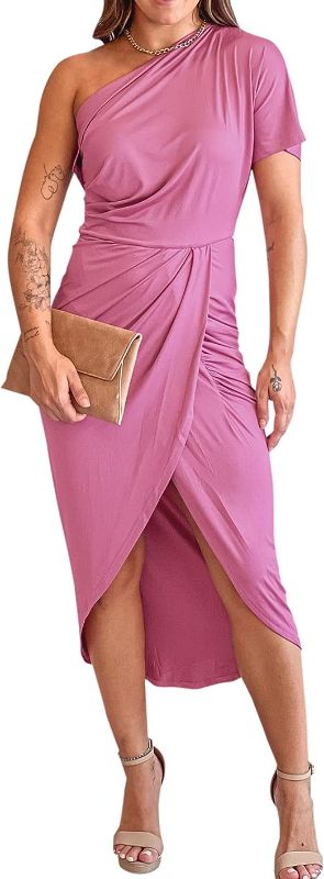 Photo 1 of BTFBM Women One Shoulder Short Sleeve Ruched Casual Dresses Asymmetrical Wrap Front Split Cocktail Party Summer Midi Dress XL
