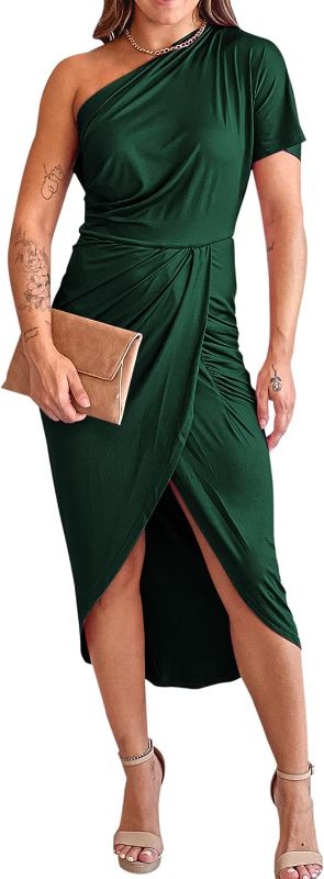 Photo 1 of BTFBM Women One Shoulder Short Sleeve Ruched Casual Dresses Asymmetrical Wrap Front Split Cocktail Party Summer Midi Dress Small 
