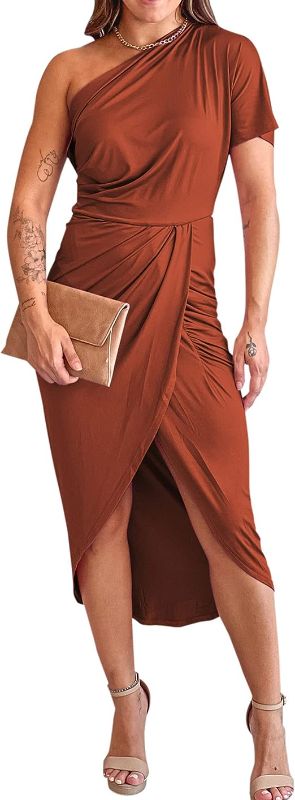 Photo 1 of BTFBM Women One Shoulder Short Sleeve Ruched Casual Dresses Asymmetrical Wrap Front Split Cocktail Party Summer Midi Dress XL
