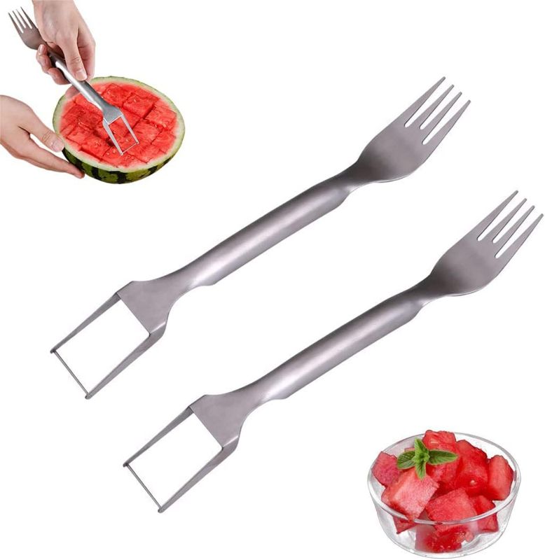 Photo 1 of 2023 New 2-in-1 Watermelon Fork Slicer, Watermelon Slicer Cutter Summer Watermelon Fruit Cutting Fork, Dual Head Stainless Steel Fruit Forks Slicer Knife (2Pcs)
