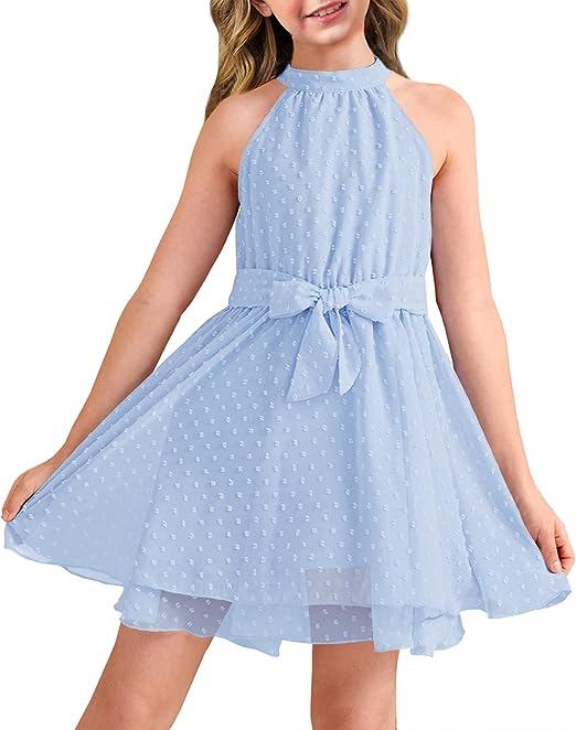 Photo 1 of HOSIKA Girls Sundress Summer Halter Neck Sleeveless Boho Casual Ruffle Party Dress with Belt for 6-12Y Kids Large 
