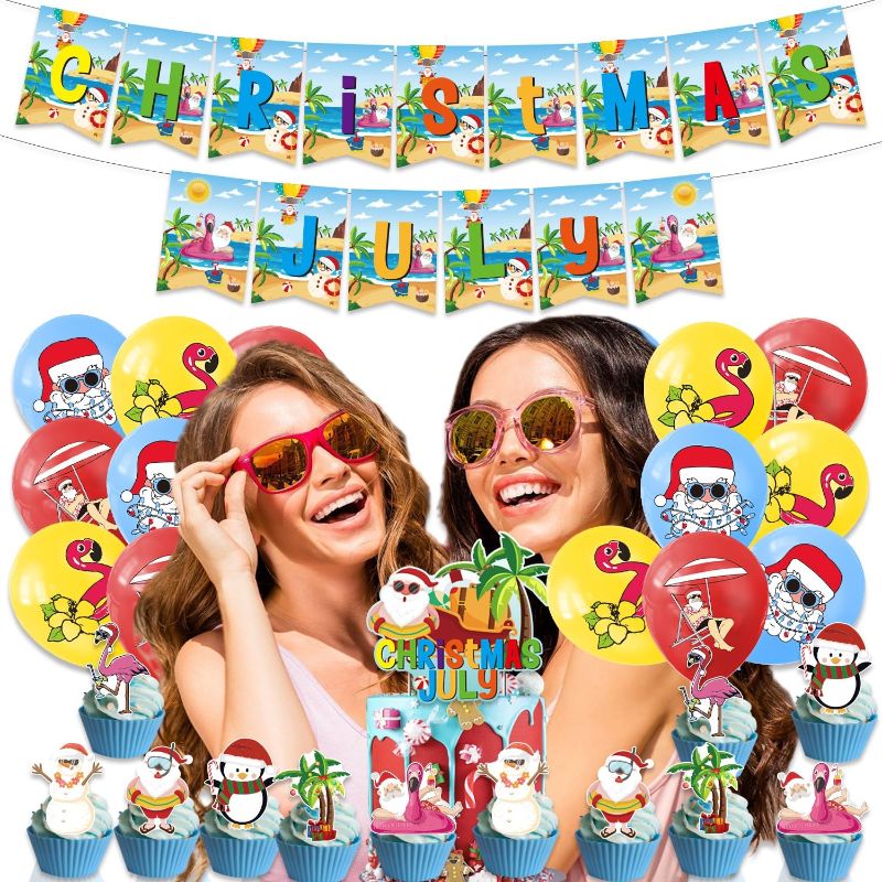 Photo 1 of 32 Pcs Christmas in July Decorations, Santa Christmas in July Banner, Tropical Christmas Party Decor, Flamingo Beach Xmas Hawaii Mele Kalikimaka Christmas Decorations
