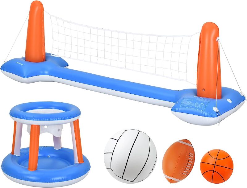 Photo 1 of BELLOCHIDDO Pool Toys - Swimming Pool Basketball & Volleyball Sets Incl Inflatable Pool Volleyball Net, Floating Basketball Hoop and Water Football, Kids Summer Toys, Pool Games for Adults and Family
