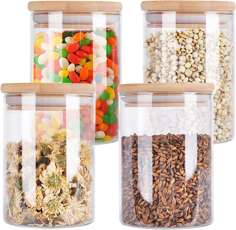 Photo 1 of 4 Pack Glass Storage Jars with Airtight Bamboo Lid, Aoeoe 27 OZ Glass Food Storage Jar, Glass Kitchen Canisters, Clear Container for Coffee Bean Storage, Dry Goods, Cookie, Candy, Tea, Spices and More
