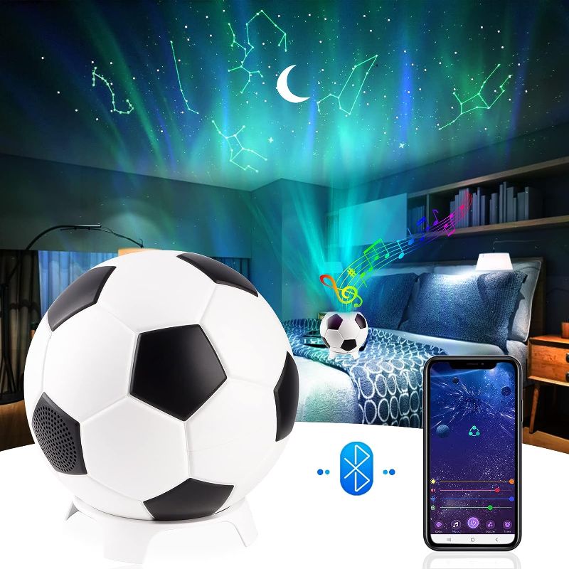 Photo 1 of Constellations Star Porjector Night Light Soccer Football Design Northern Lighting Lamp with Bluetooth Music Speaker USB Charger Aurora Sky Ambiance for Kids Bedroom Patry Home Decor
