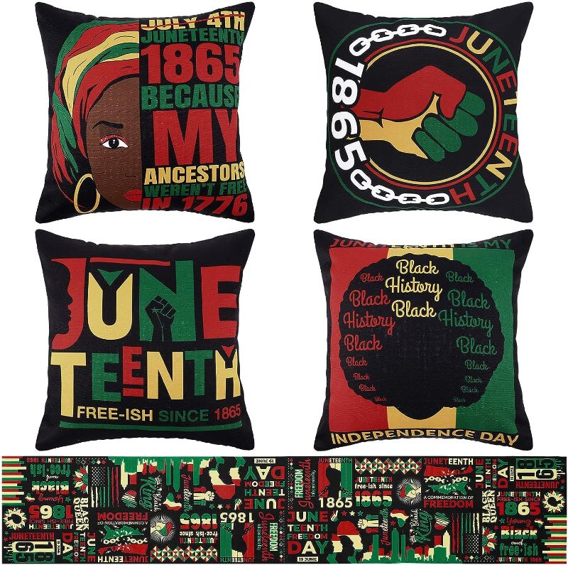 Photo 1 of 5 Pcs Juneteenth Throw Pillow Covers and Table Runner Juneteenth Decoration Gift 18 x18 Inch African American Decorative Pillowcase Freedom Day Dining Room Kitchen Home Decor
