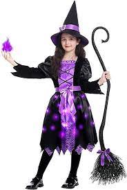 Photo 1 of Light Up Halloween Girls Witch Costume, Toddler Witch Dress Set with Hat and Broom for Halloween Kids Themed Role-Play Party 7-9 yrs
