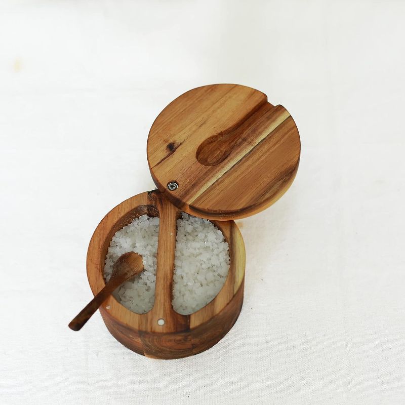 Photo 1 of Acacia Wooden Spice Box With Wooden Spoon (2 - Compartment Acacia Wooden Spice Box With Wooden Spoon 4.7x4.7x3))
