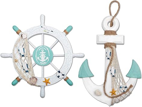 Photo 1 of 2 Pack 11" Nautical Beach Wooden Ship Wheel and 13" Wood Anchor with Rope Nautical Boat Steering Wheel Rudder Anchor Wall Decor Door Hanging Ornament Beach Theme Home Decoration(White&Green)