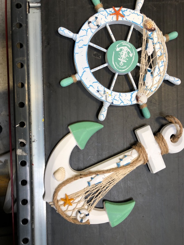 Photo 2 of 2 Pack 11" Nautical Beach Wooden Ship Wheel and 13" Wood Anchor with Rope Nautical Boat Steering Wheel Rudder Anchor Wall Decor Door Hanging Ornament Beach Theme Home Decoration(White&Green)