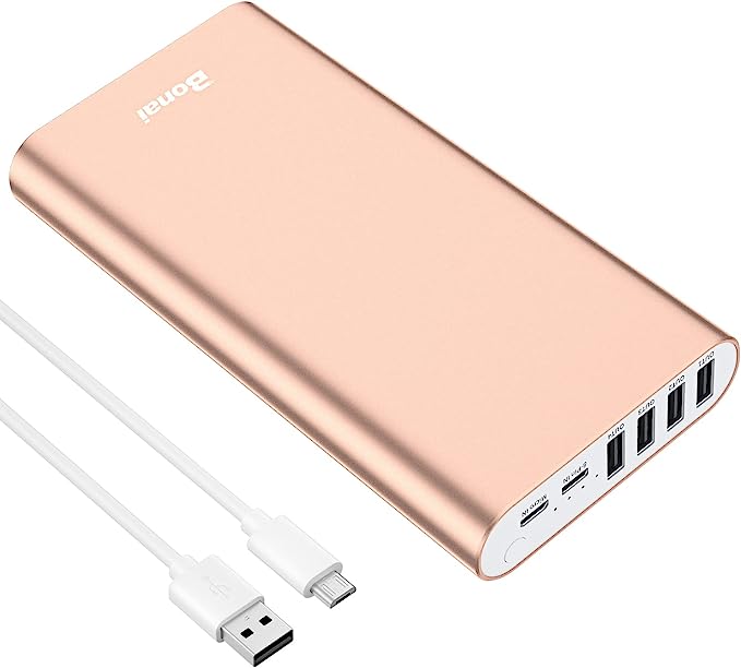 Photo 1 of BONAI Portable Charger 20000mAh Power Bank 4 USB Outputs Aluminum Polymer Portable Battery Charger 2.0A Max Input Compatible with iPhone 13 11 XR for Road Trips Camping Picnic - Rose Gold