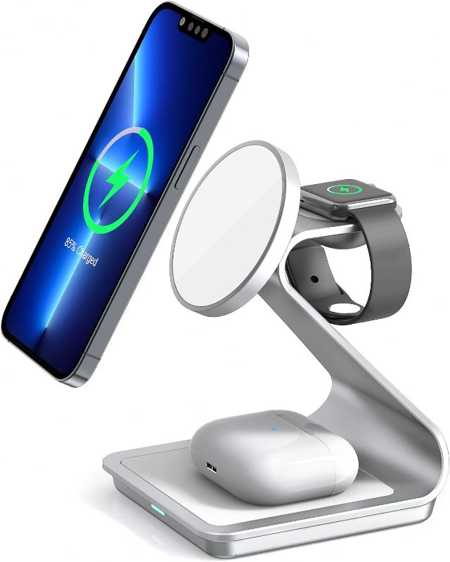 Photo 1 of 3 in 1 Wireless Charger for MagSafe, Aluminum Alloy Wireless Charging Station, Compatible with iPhone 14/13/12, Apple Watch, AirPods Pro/3/2 (Cable and Wall Charger Included) Silver
