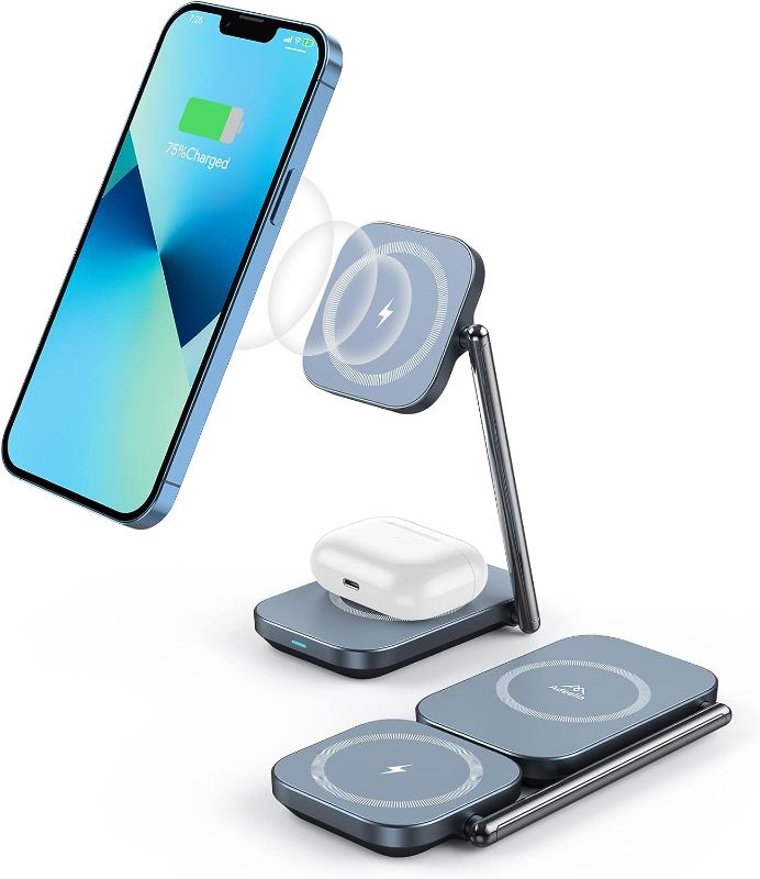 Photo 1 of 2-in-1 Foldable Magnetic Wireless Charger Stand, Portable Fast Mag-Safe Charging Station for iPhone 14/13/12 Series, AirPods Pro/3/2, Samsung S22/S21/S20/Note 20, LG, Google Pixel, Sony, ONEPLUS
