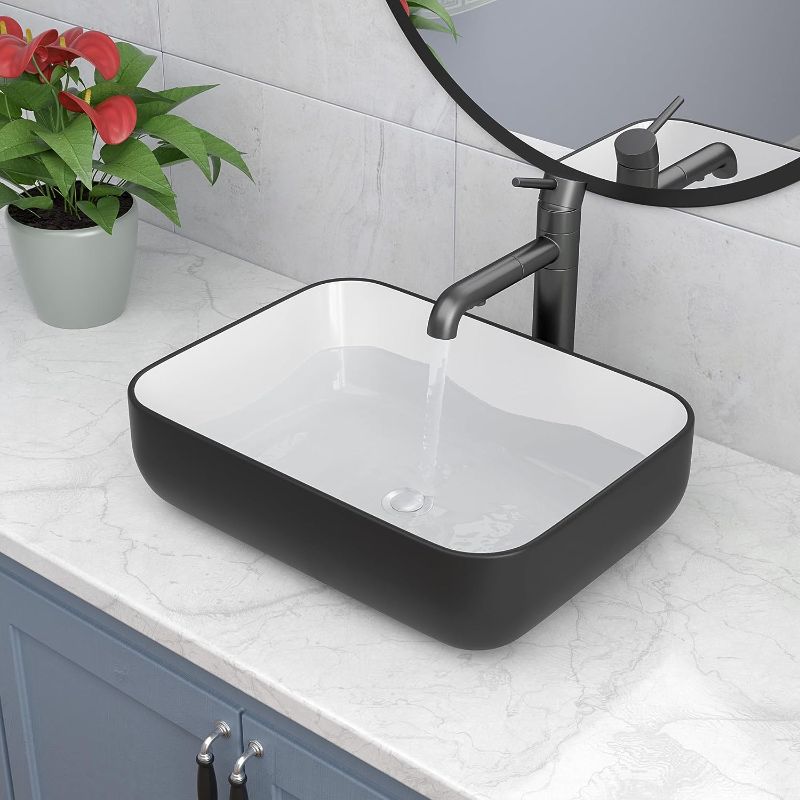 Photo 1 of 20"x15" Rectangle Vessel Sink- Lepuday 20 inch Matte Black and White Bathroom Sink Rectangular Above Counter Ceramic Porcelain Vanity Sink Art Basin
