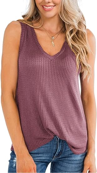 Photo 1 of  xl----IWOLLENCE Womens Waffle Knit V Neck Tank Tops Summer Casual Sleeveless Shirts Loose Blouses
         