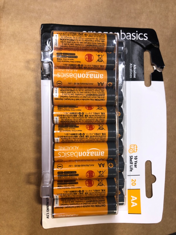 Photo 2 of Amazon Basics 20 Pack AA Alkaline Batteries - Blister Packaging 20 Count (Pack of 1)---------------factory sealed 
