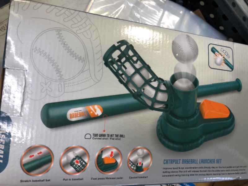 Photo 3 of  Toddler Baseball Pitching Machine - Pop A Pitch Baseball Batting Machine with Youth Bat + 3 Plastic Baseballs - Boys + Girls Baseball Toys(Green)
