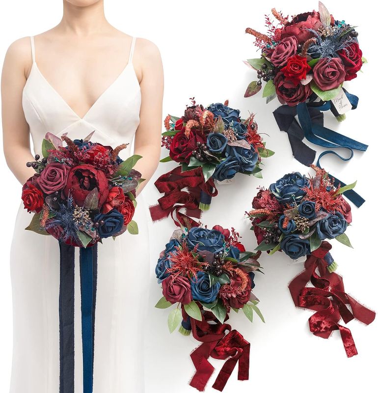 Photo 1 of 
Ling's Moment 7 Inch Burgundy & Navy Blue Artificial Flowers Bridesmaid Bouquets for Wedding,Set of 4,for Wedding Ceremony and Anniversary
