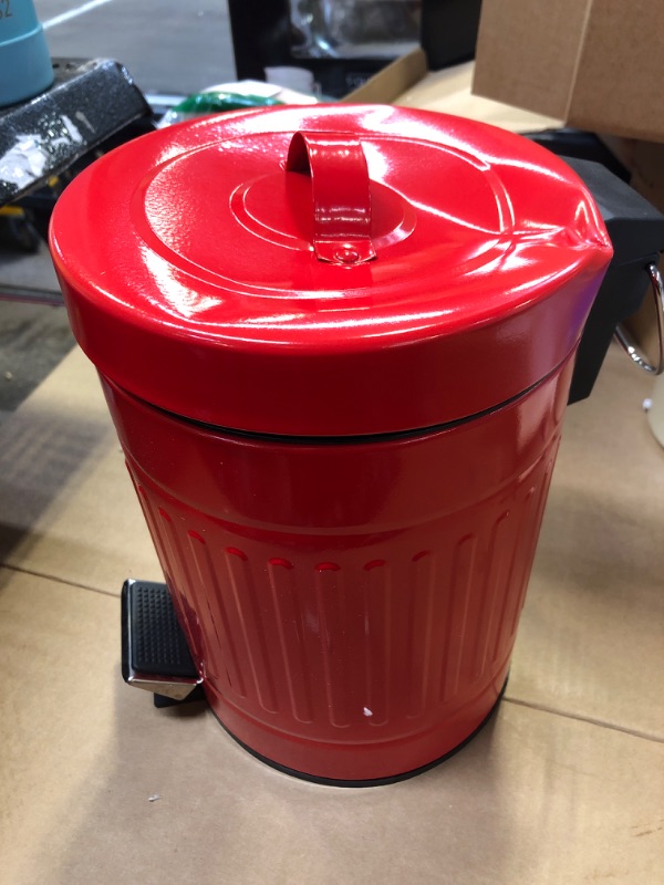 Photo 2 of OCTMUSTARD Mini Metal Pedal Bin, Round Step Pet Trash with Lid and Handle, Small Garbage Can Wastebasket for Narrow Spaces at Home, Car or Office, 0.8Gal/3L,Red 9" X 6-3/4" X 11-1/4" Red