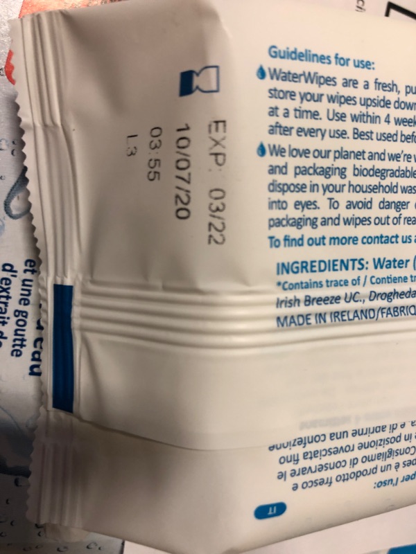 Photo 3 of 38 boxes----exp date 03/2022---------WaterWipes Plastic-Free Original Baby Wipes, 99.9% Water Based Wipes, Unscented & Hypoallergenic for Sensitive Skin, 720 Count (12 packs), Packaging May Vary 720 Count (12 packs )