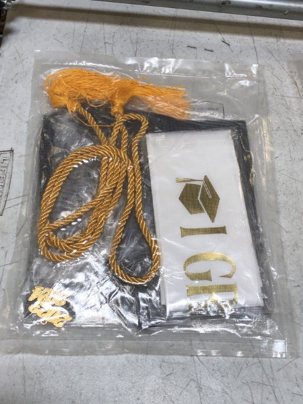 Photo 2 of 3 Pieces Graduation Costume Set Matte Graduation Cap with 2023/2024 Tassel 68" Graduation Gold Honor Cord Gold Glitter Graduation Stole for Graduation Party High College School Bachelor Favors
