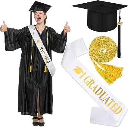 Photo 1 of 3 Pieces Graduation Costume Set Matte Graduation Cap with 2023/2024 Tassel 68" Graduation Gold Honor Cord Gold Glitter Graduation Stole for Graduation Party High College School Bachelor Favors
