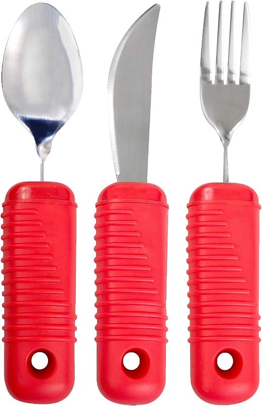 Photo 1 of 3 Piece Super Easy Grip Red Flatware Set - Bendable Built Up Large Fork, Knife, and Spoon
