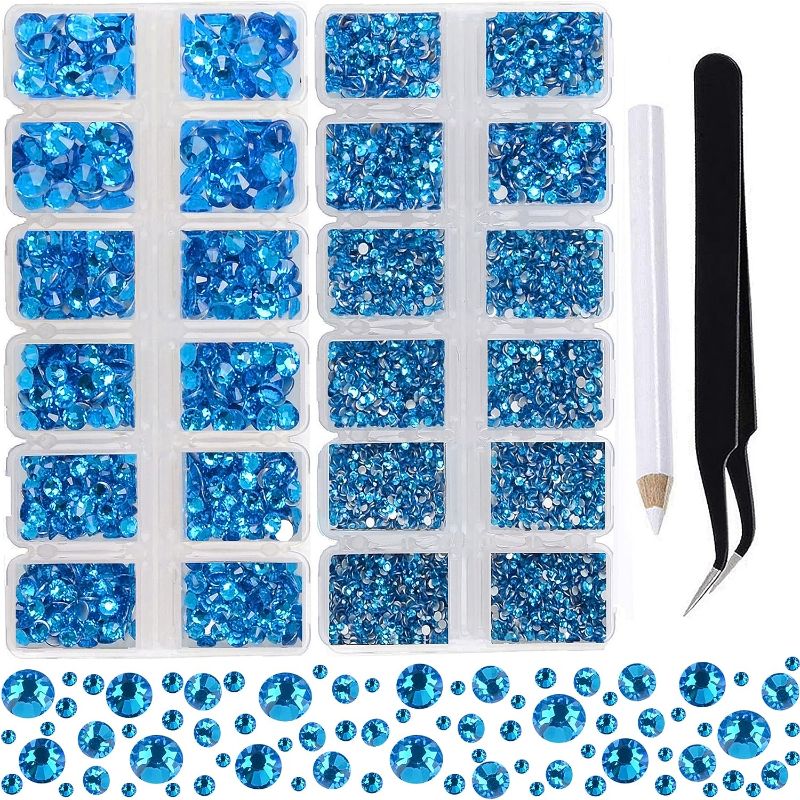 Photo 1 of 2-Box Massive Beads 8000pcs 6Sizes Nail Art Flatback Glasses Rhinestones Crystal for DIY Project with Tweezers and Picking Pen for Nail Art, Face Art, Manicure (Capri Blue, 6 Sizes)
