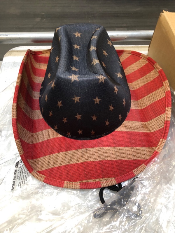 Photo 2 of Zodaca Straw USA American Flag Cowboy Hat for Men and Women, Vintage Western Cowgirl Hat with Star-Studded Band (Adult Size)
