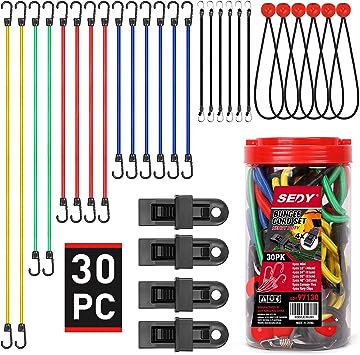 Photo 1 of 30 PCS Bungee Cords Assorted Sizes, Bungee Cords Heavy Duty Outdoor, Large Medium Small Bungee Cords with Hooks, Elastic Cord, Canopy Tarp Ball Ties, 4 Tarp Clips
