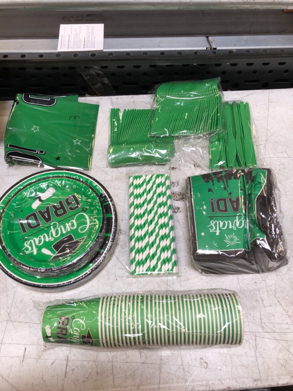 Photo 2 of 281 Pcs Graduation Party Supplies for 36, Disposable Class of 2023 Congrats Grad Tableware Set Includes Grad Napkins Plates Table Cloth Cups Straw Spoons Fork Knives for Congrats Grad Prom (Green) decor
