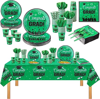 Photo 1 of 281 Pcs Graduation Party Supplies for 36, Disposable Class of 2023 Congrats Grad Tableware Set Includes Grad Napkins Plates Table Cloth Cups Straw Spoons Fork Knives for Congrats Grad Prom (Green) decor
