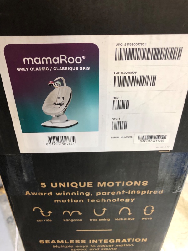 Photo 5 of 4moms MamaRoo Multi-Motion Baby Swing, Bluetooth Enabled with 5 Unique Motions, Grey..... factory sealed
