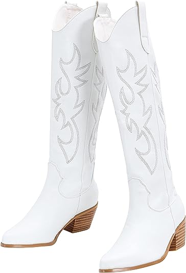 Photo 1 of Ouepiano Knee-High Cowboy Boots for Women [SIZE 7], Leather Stitching Classic Almond Medium Heel Embroidered Cowgirl Boots
