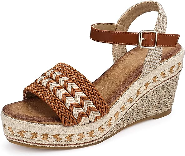 Photo 1 of SHIBEVER Espadrilles Wedge Sandals for Women [SIZE 7.5] Open Toe Ankle Strap Platform Sandals Brown 
