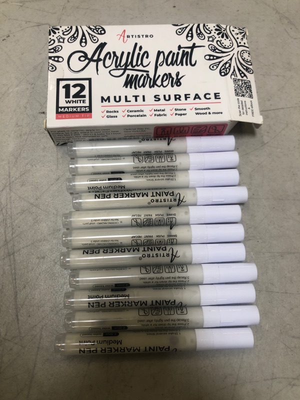 Photo 2 of Paint Pens for Rock Painting, Stone, Ceramic, Glass, Wood, Tire, Fabric, Metal, Canvas. Set of 12 Markers for Acrylic Painting, Water-based, Medium Tip (White)
