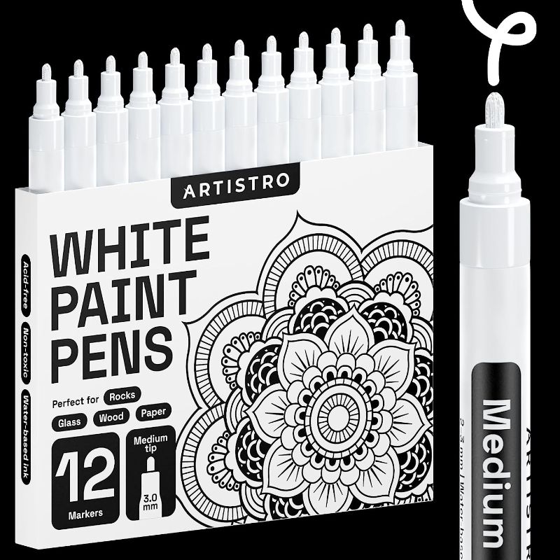 Photo 1 of Paint Pens for Rock Painting, Stone, Ceramic, Glass, Wood, Tire, Fabric, Metal, Canvas. Set of 12 Markers for Acrylic Painting, Water-based, Medium Tip (White)
