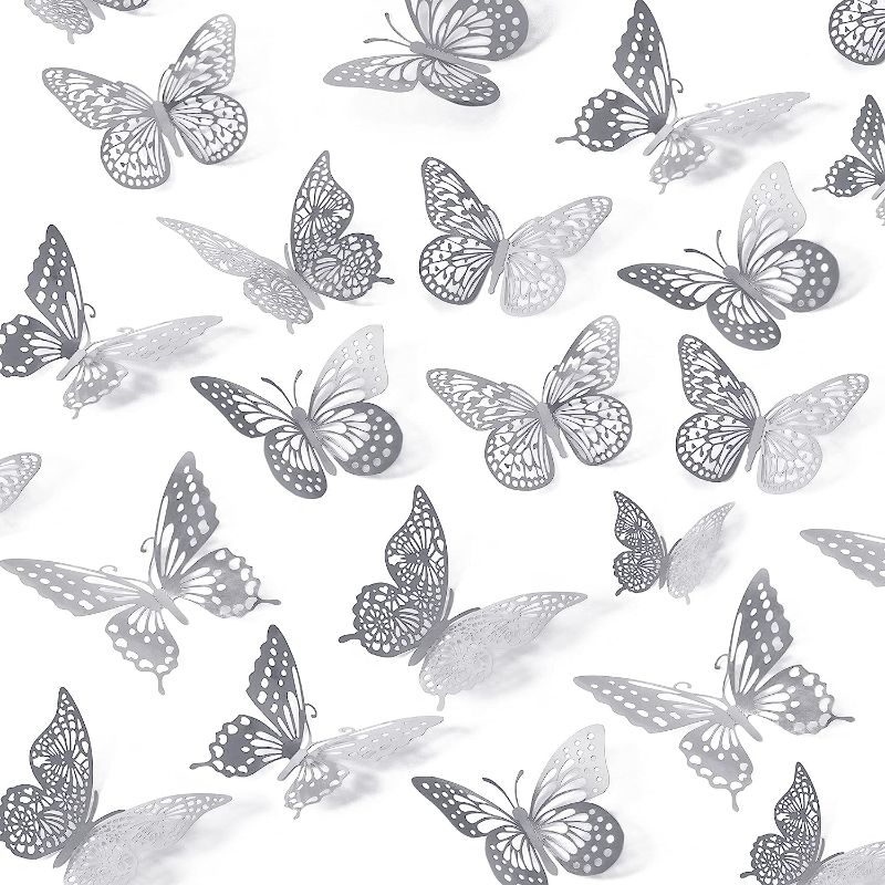 Photo 1 of [LOT OF 4] 3D Butterfly Wall Decor, 48 Pcs, Removable Metallic Wall Sticker Room Mural Decals for Kids Bedroom Nursery Classroom Party Decoration Wedding Decor DIY Gift (Sliver)
