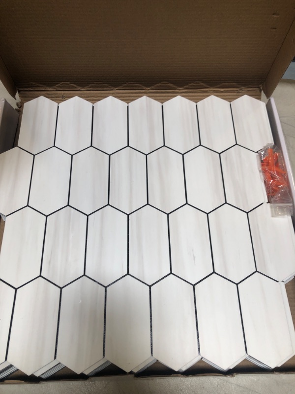 Photo 2 of Vamos Tile Long Hexagon Peel and Stick Backsplash Tile - 10 Sheets Stick on Backsplash for Kitchen and Bathroom 12.4 x 12 Inch White Marble Look PVC Self Adhesive Mosaic Wall Tiles
