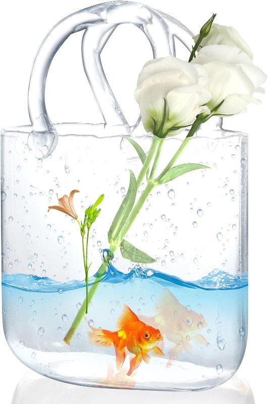 Photo 1 of 11.8 inch Clear Purse Vases with Elegant Purse Design,Glass Clear Vase with Handle and Bubbles Within Flower Vase,Cute Bag Vase,Unique Purse Vase for Flowers
