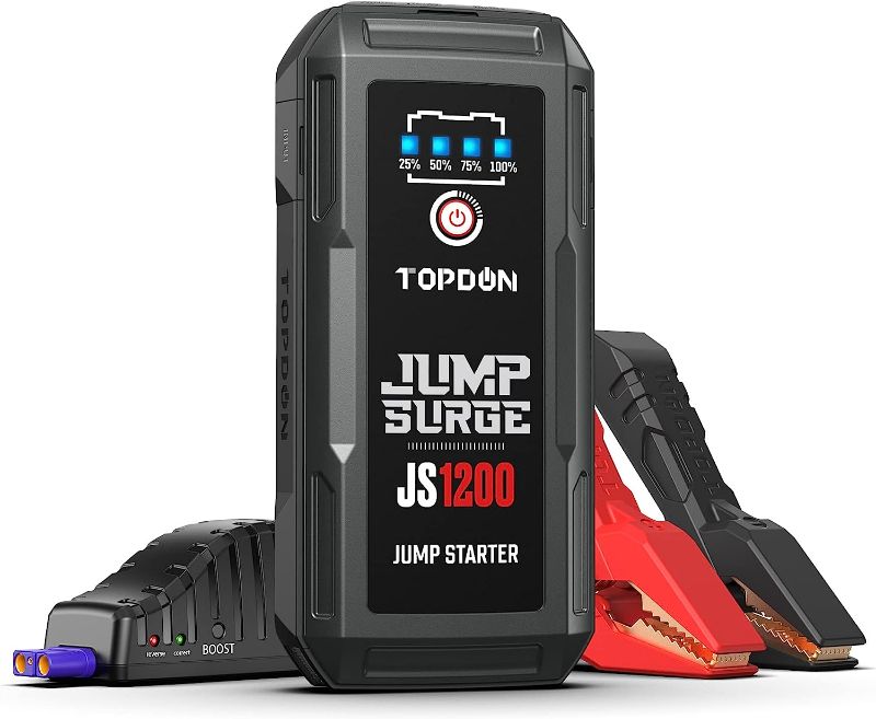 Photo 1 of Jump Starter Car Battery Charger-TOPDON JUMPSURGE1200 12V Car Starter Lithium Battery Booster, Jumper (Up to 6.5L Gas, 4.0L Diesel) with Smart Clamp Cables, USB Quick Charge, LED Flashlight Peak 1200A
