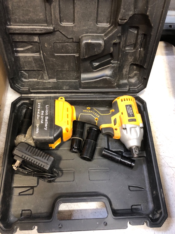 Photo 2 of GardenJoy Cordless Power Impact Wrench: 21V Electric Impact Driver with Brushless 300N.m. 1/2" Chuck 220 Ft-lb Max High Torque 4pc Impact Drill Sockets Fast Charger & Home Tools Kit Set Yellow