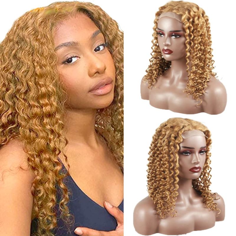 Photo 1 of #27 Honey Blonde Curly Wave Lace Front Wigs Human Hair Pre Plucked with Baby Hair Nature Hairline 150% Density 4x4x1 HD Transparent Lace Front Wigs Human Hair Brazilian Human Hair Wigs for Black Women(14 Inch)
