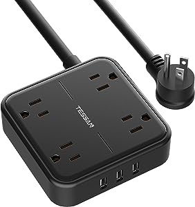 Photo 1 of Flat Plug Power Strip with 3 USB Ports, TESSAN 4 AC Outlets Black Extension Cord, 5 FT Wall Mount Outlet Extender, Small Desk Charging Station for Dorm Essentials, Office, Cruise Accessories, Travel
